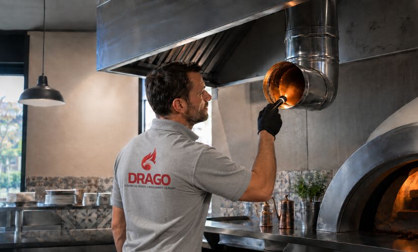 Tecnico Drago Group con polo grigia durante l’ispezione della canna fumaria in una cucina professionale