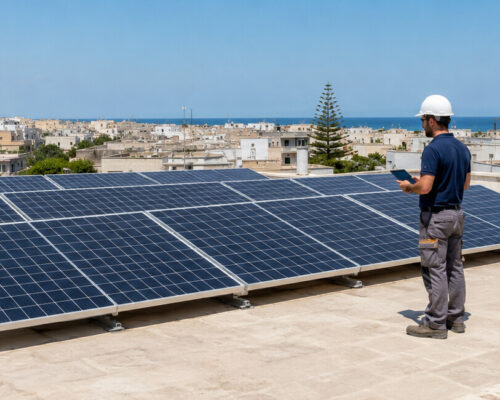 Impianto fotovoltaico controllato durante una giornata estiva a Bari