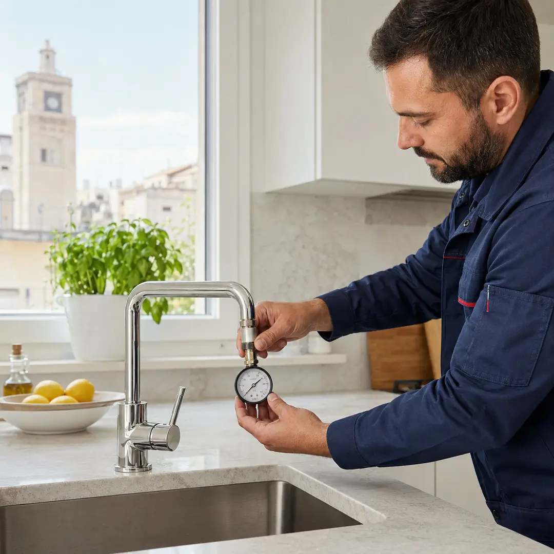 Misurazione della pressione dell’acqua a un rubinetto domestico