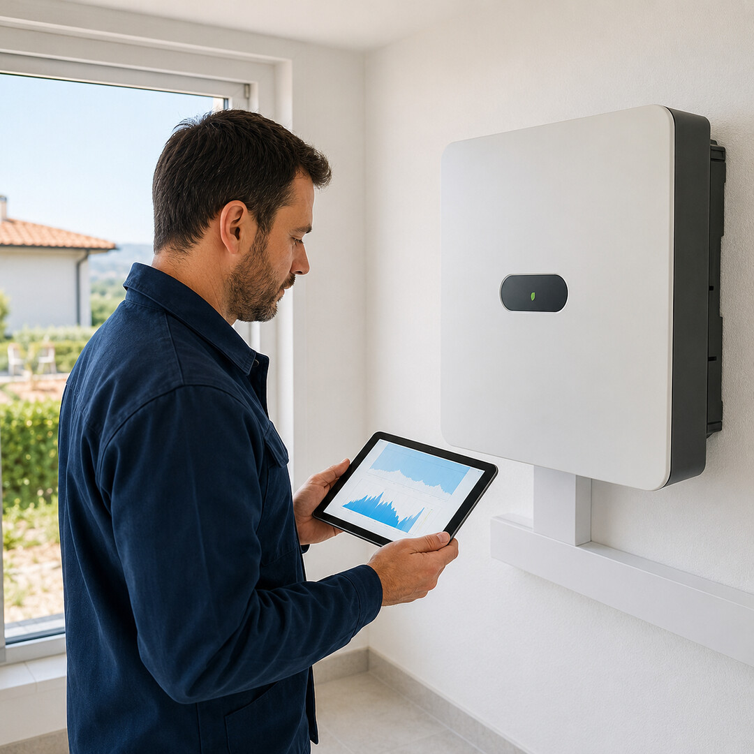 Tecnico controlla la produzione fotovoltaica attraverso il sistema di monitoraggio