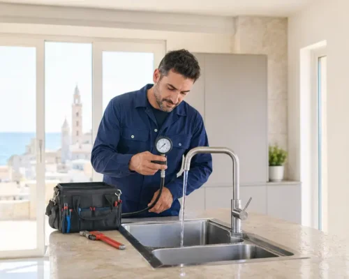 Tecnico verifica la pressione dell’acqua in un appartamento a Bari