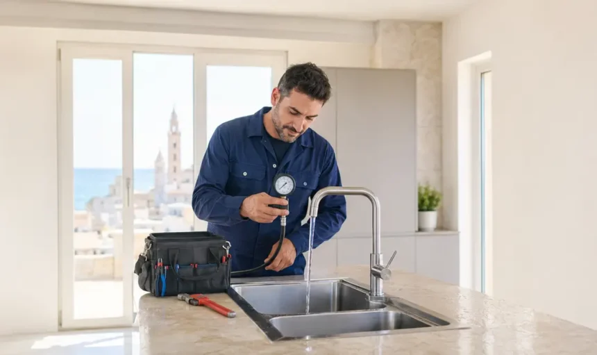 Tecnico verifica la pressione dell’acqua in un appartamento a Bari